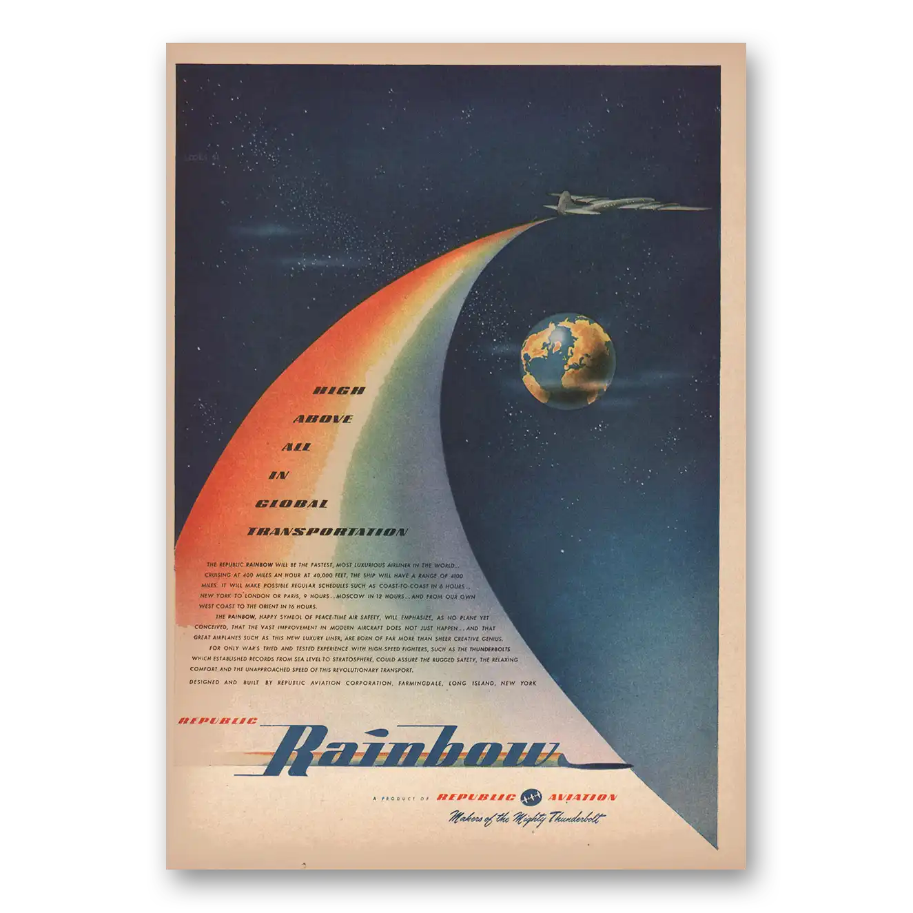 1946 Republic Aviation Rainbow High Above Vintage Magazine Print Ad