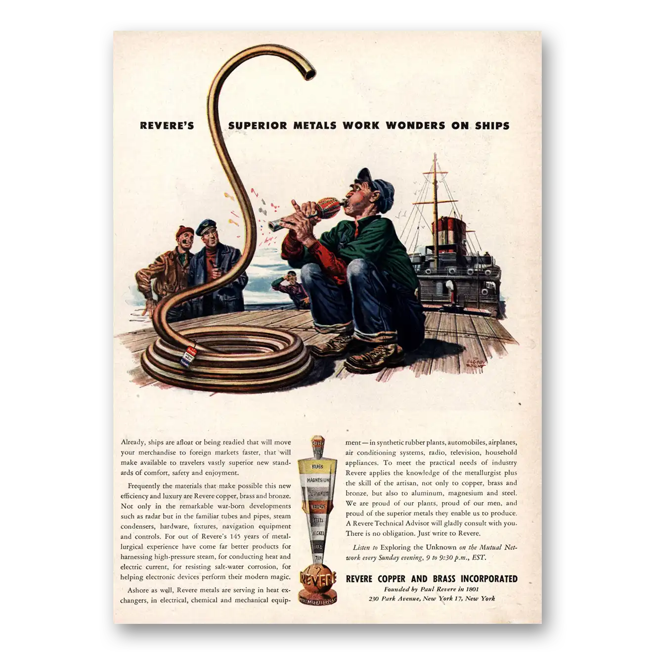 1946 Revere Copper + Brass Work Wonders On Ships Vintage Magazine Print Ad