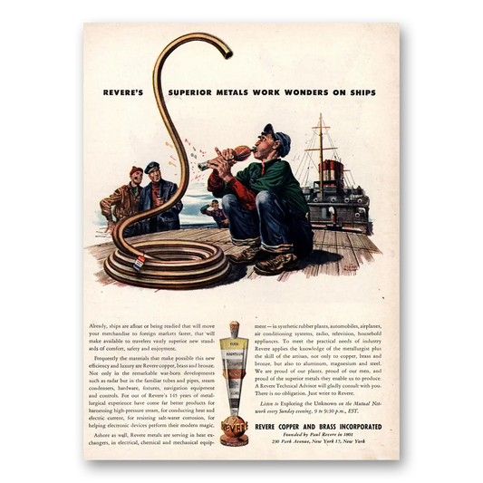 1946 Revere Copper + Brass Work Wonders On Ships Vintage Magazine Print Ad