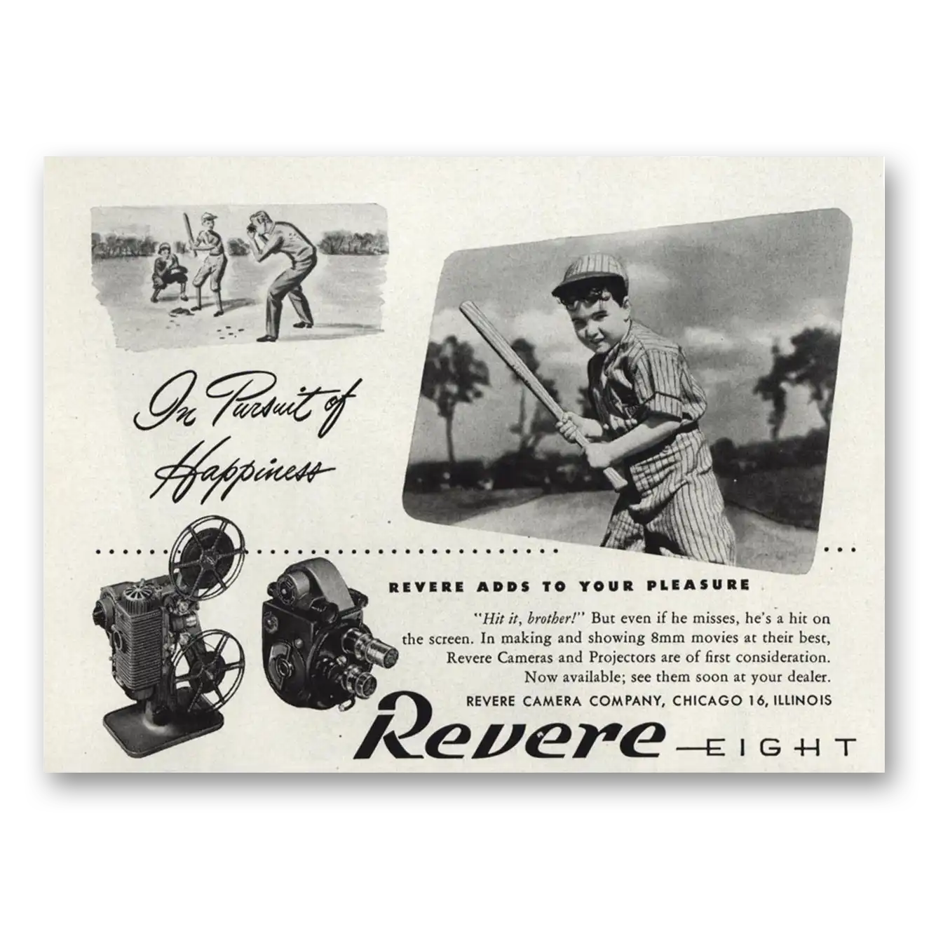 1946 Revere Camera Pursuit of Happiness Baseball Vintage Magazine Print Ad