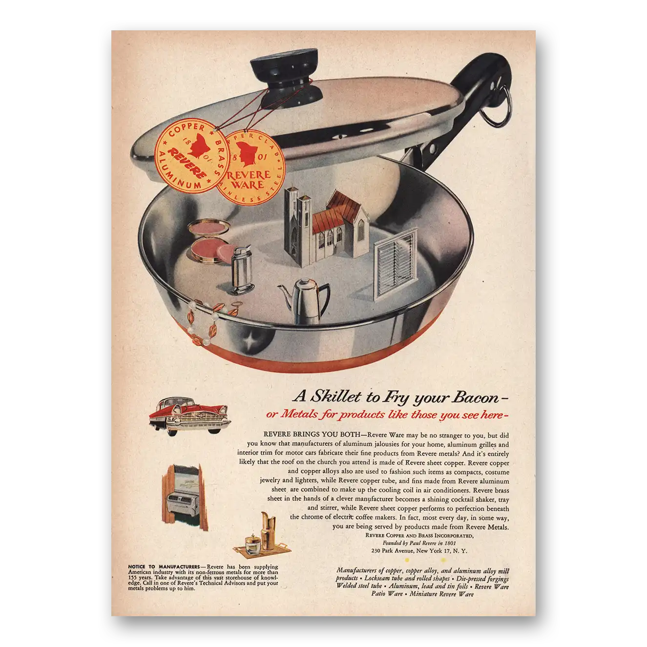 1956 Revere Ware Skillet To Fry Your Bacon Vintage Magazine Print Ad