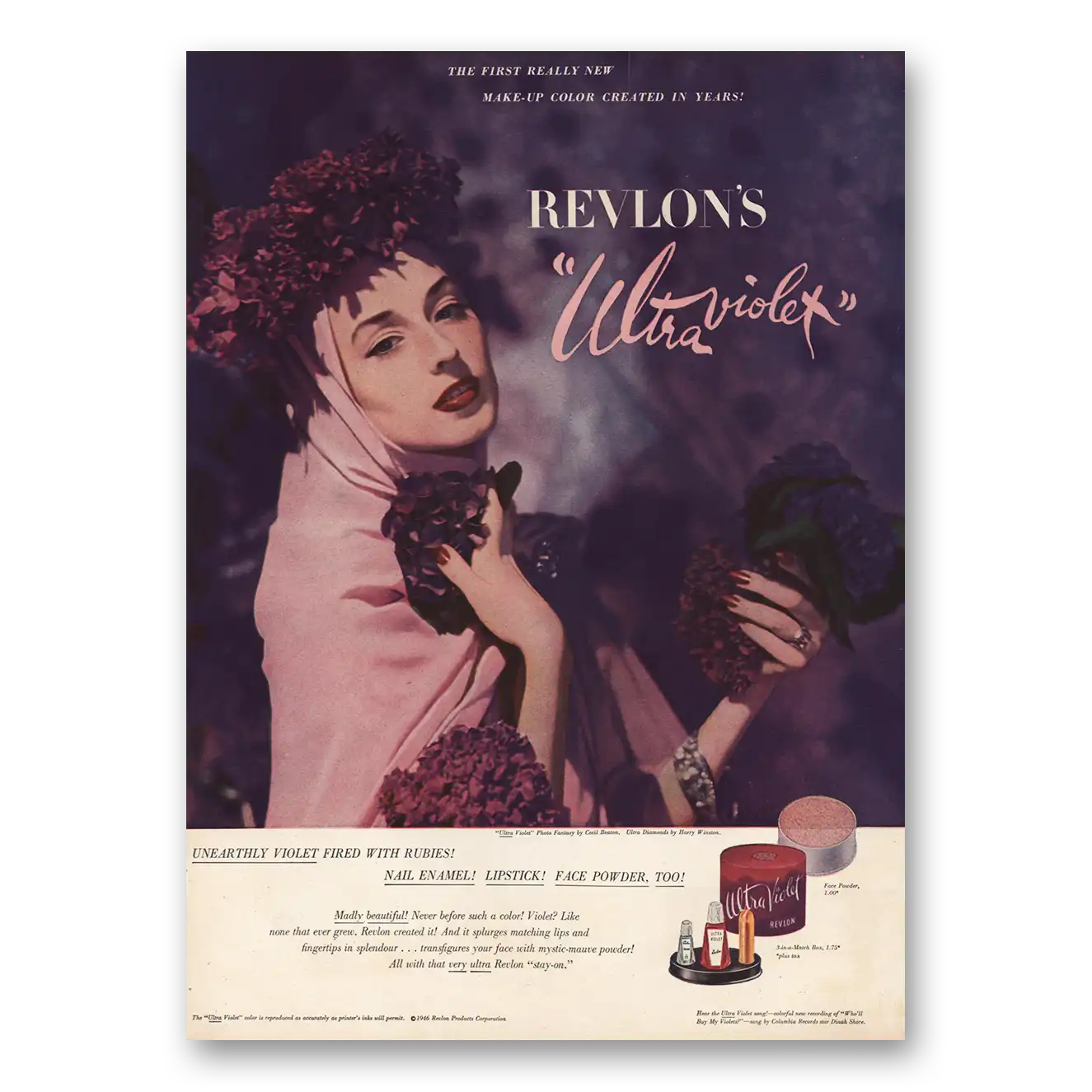 1946 Revlon Ultra Violet Unearthly Violet Fired With Rubies Vintage Magazine Print Ad