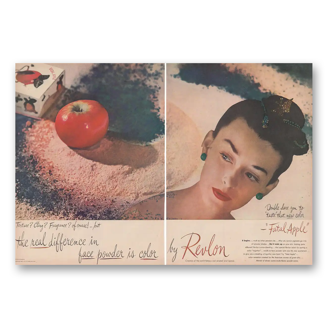 1946 Revlon Face Powder Double Dare You to Taste That New Color Fatal Apple Vintage Magazine Print Ad