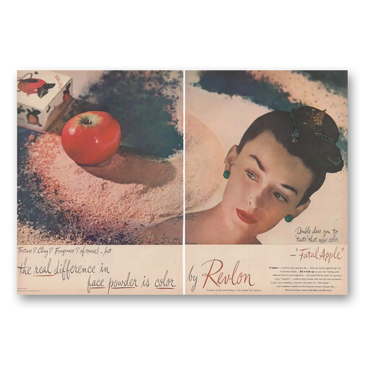 1946 Revlon Face Powder Double Dare You to Taste That New Color Fatal Apple Vintage Magazine Print Ad