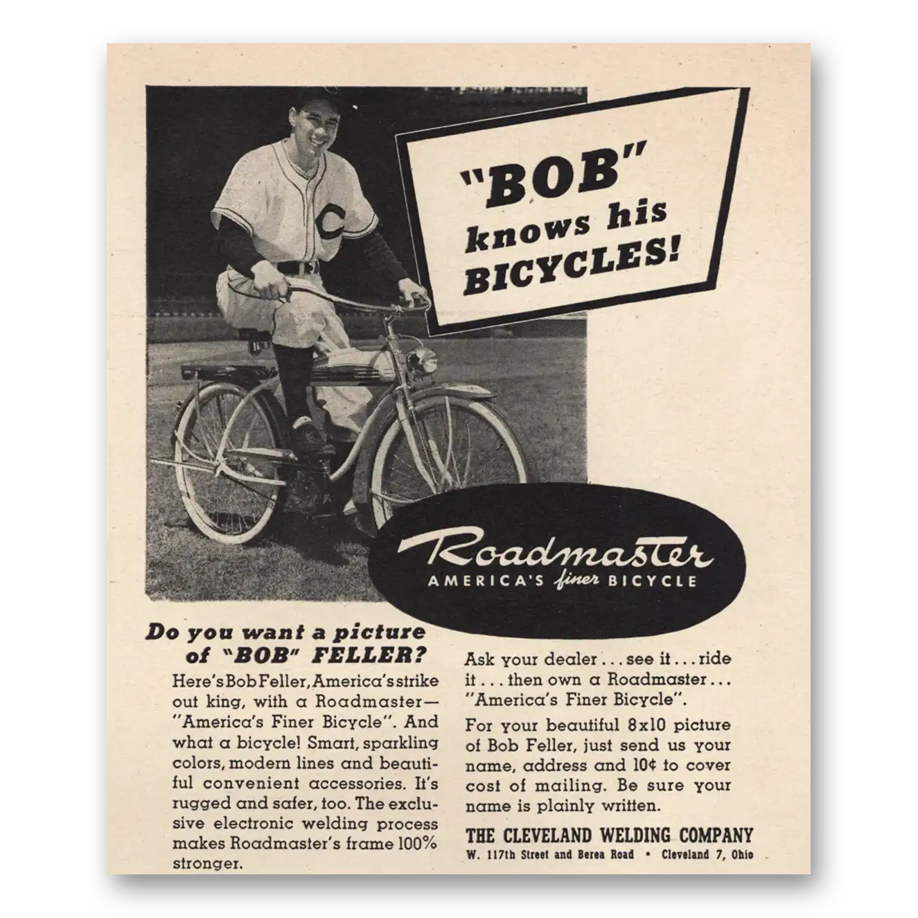 1946 Roadmaster Bicycles Bob Feller Knows His Bicycles Vintage Magazine Print Ad