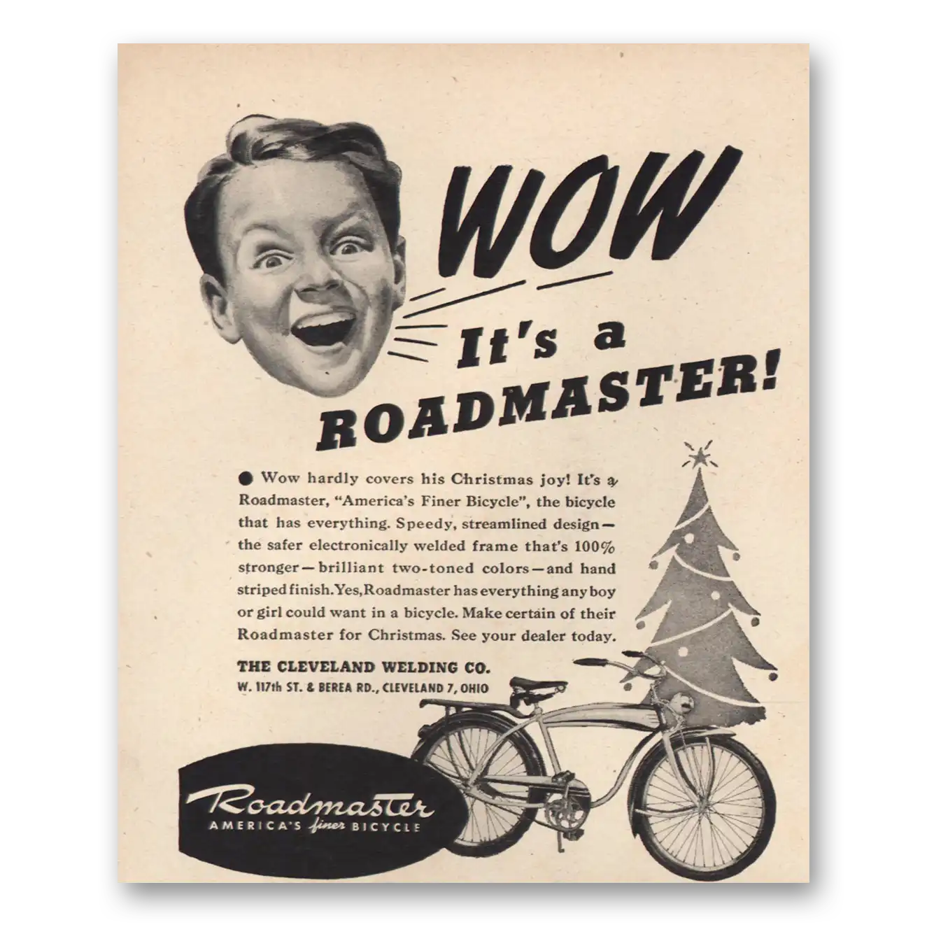 1946 Roadmaster Bicycles Wow Hardly Covers His Christmas Joy Vintage Magazine Print Ad