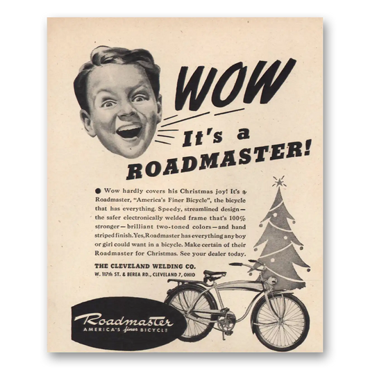 1946 Roadmaster Bicycles Wow Hardly Covers His Christmas Joy Vintage Magazine Print Ad