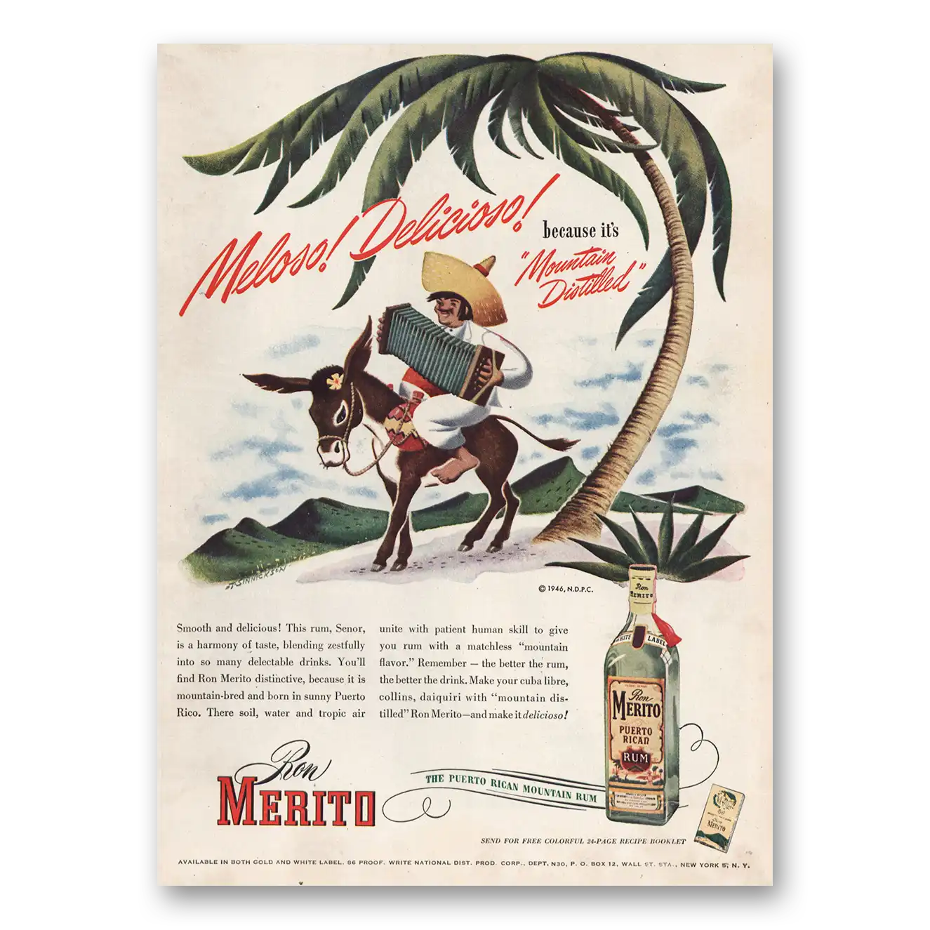 1946 Ron Merito Rum Meloso Delicioso Vintage Magazine Print Ad