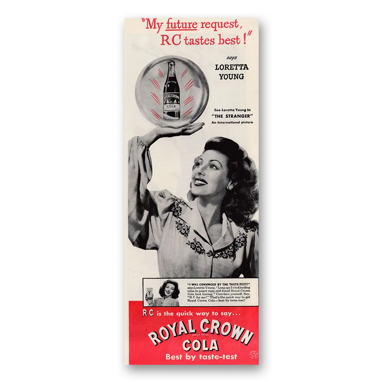 1946 Royal Crown Cola Loretta Young Vintage Magazine Print Ad