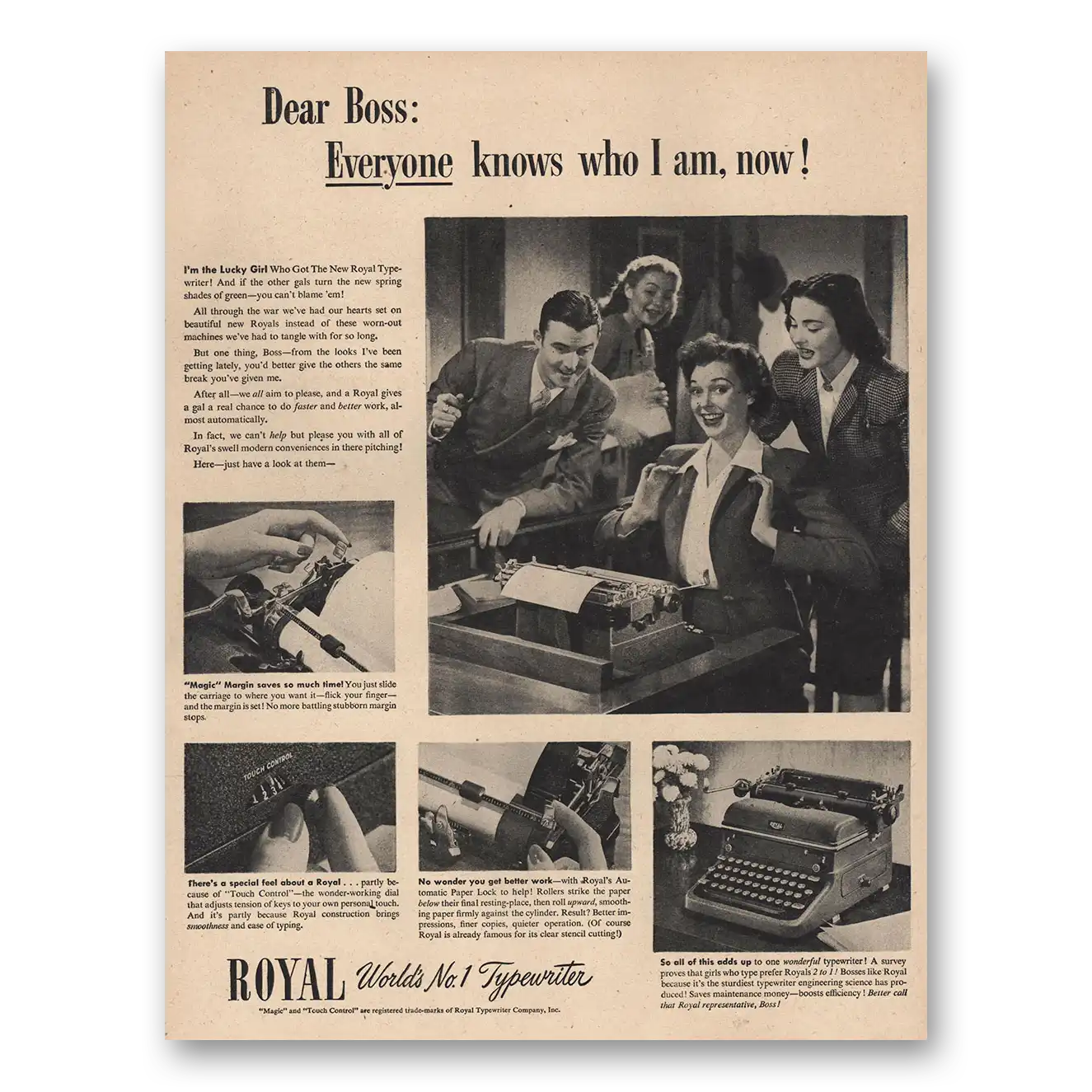 1946 Royal Typewriter Dear Boss Everyone Knows Who I Am Vintage Magazine Print Ad