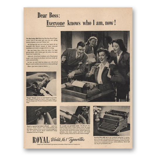 1946 Royal Typewriter Dear Boss Everyone Knows Who I Am Vintage Magazine Print Ad