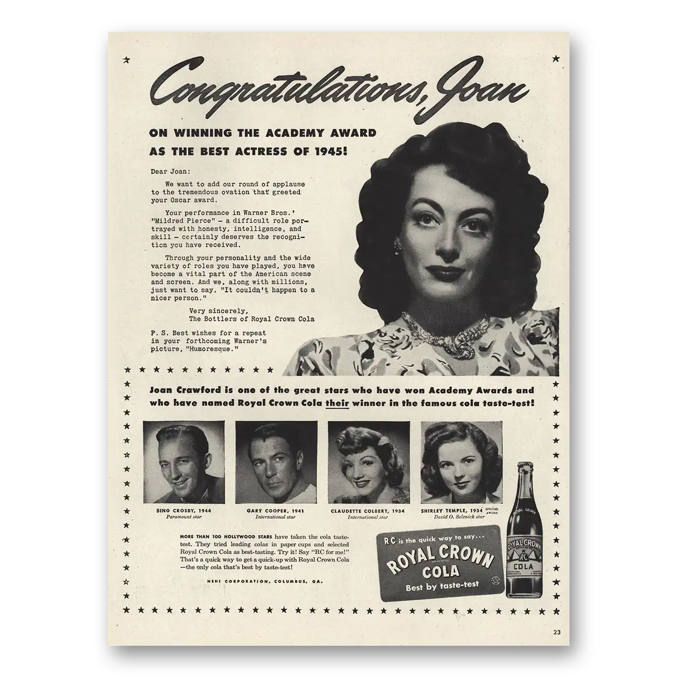 1946 Royal Crown Cola Congratulations Joan Crawford Best Actress Vintage Magazine Print Ad