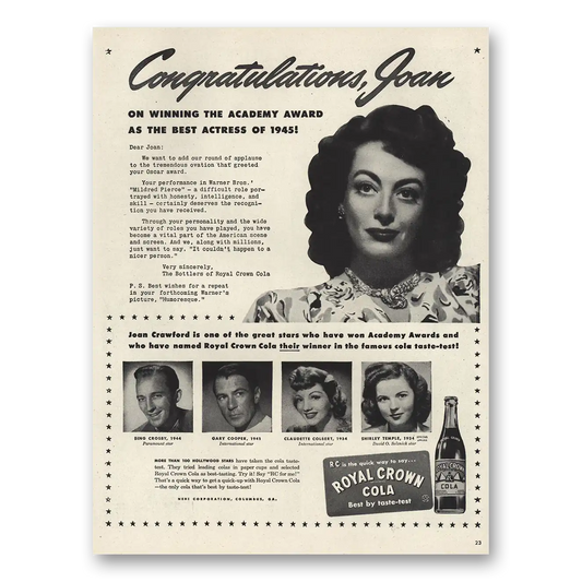 1946 Royal Crown Cola Congratulations Joan Crawford Best Actress Vintage Magazine Print Ad