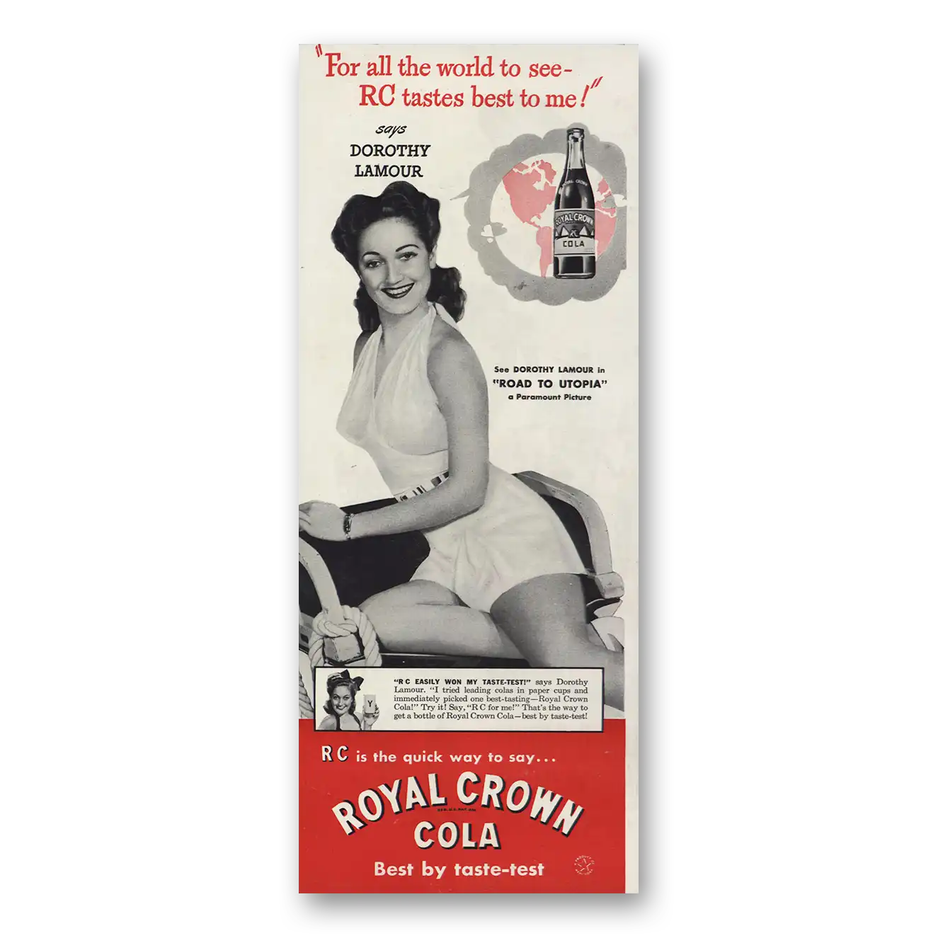 1946 Royal Crown Cola Dorothy Lamour Vintage Magazine Print Ad