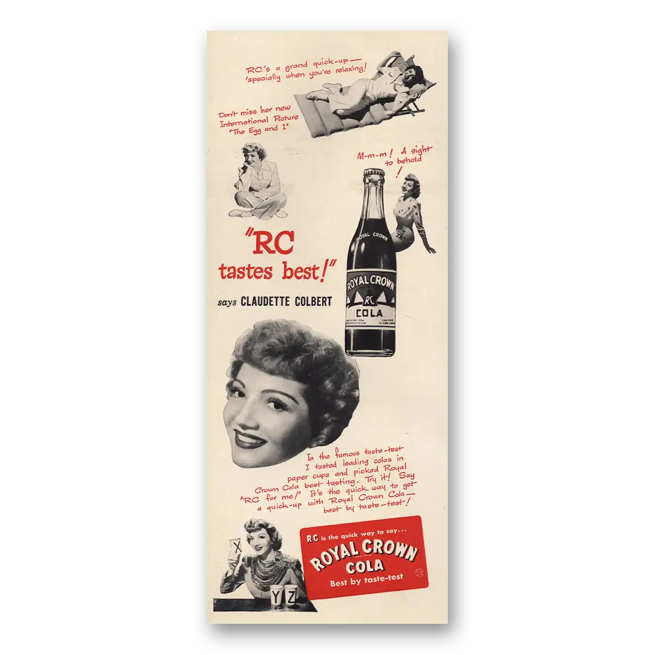 1946 Royal Crown Cola Claudette Colbert Vintage Magazine Print Ad