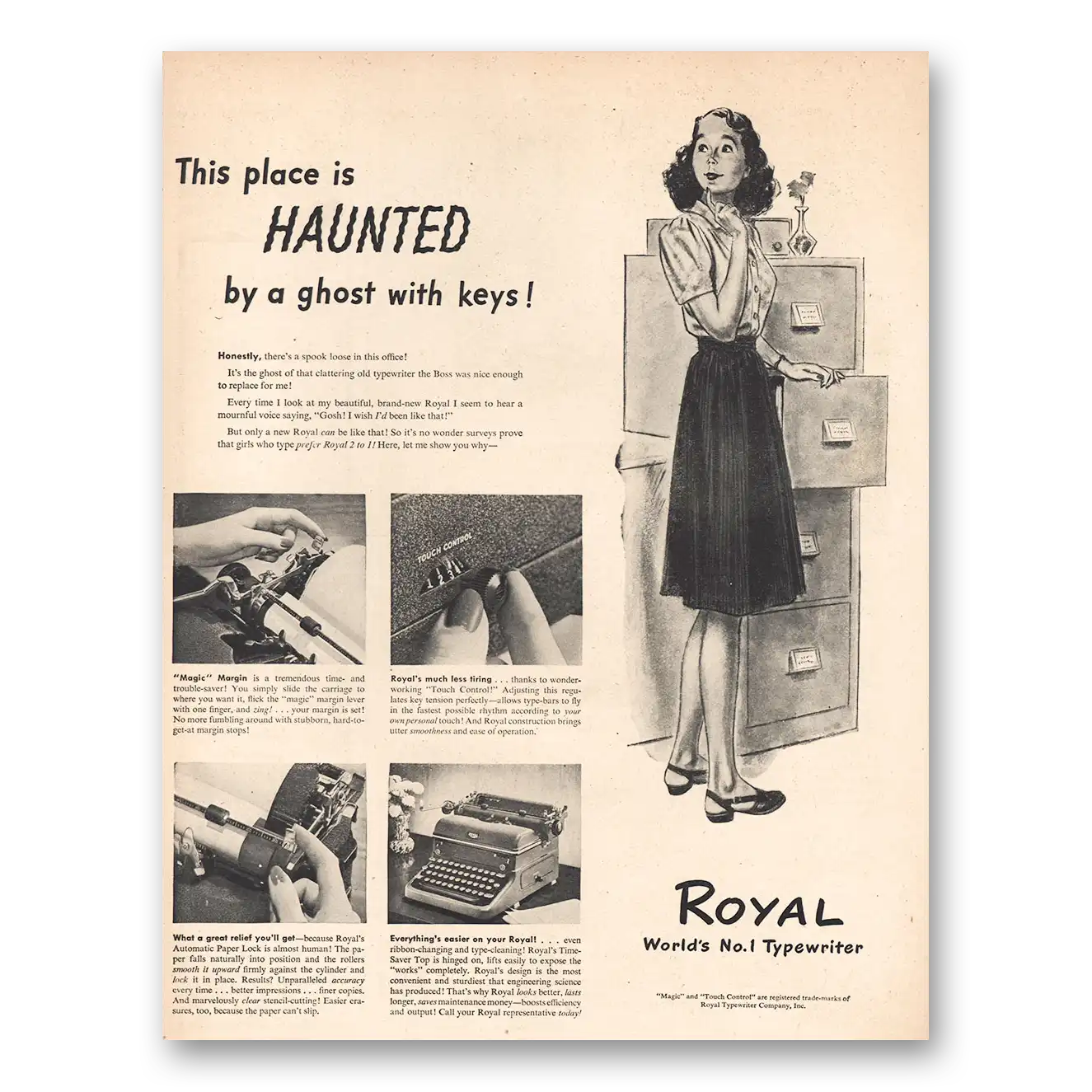 1946 Royal Typewriter This Place Is Haunted By Ghost With Keys Vintage Magazine Print Ad