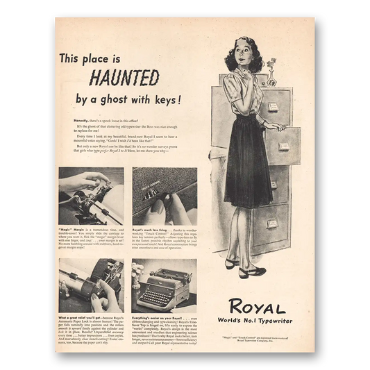 1946 Royal Typewriter This Place Is Haunted By Ghost With Keys Vintage Magazine Print Ad