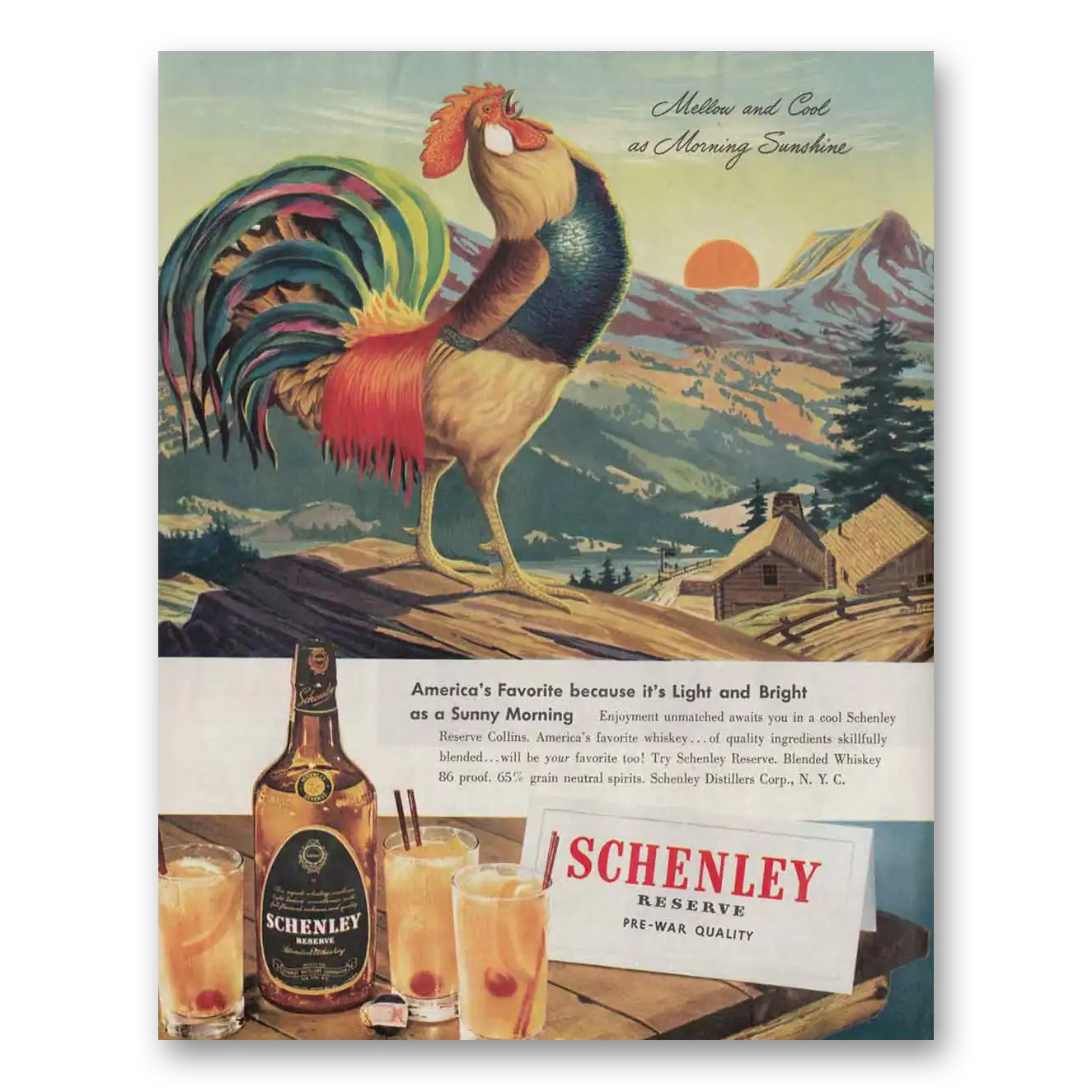 1946 Schenley Whiskey Rooster Pre War Quality Vintage Magazine Print Ad