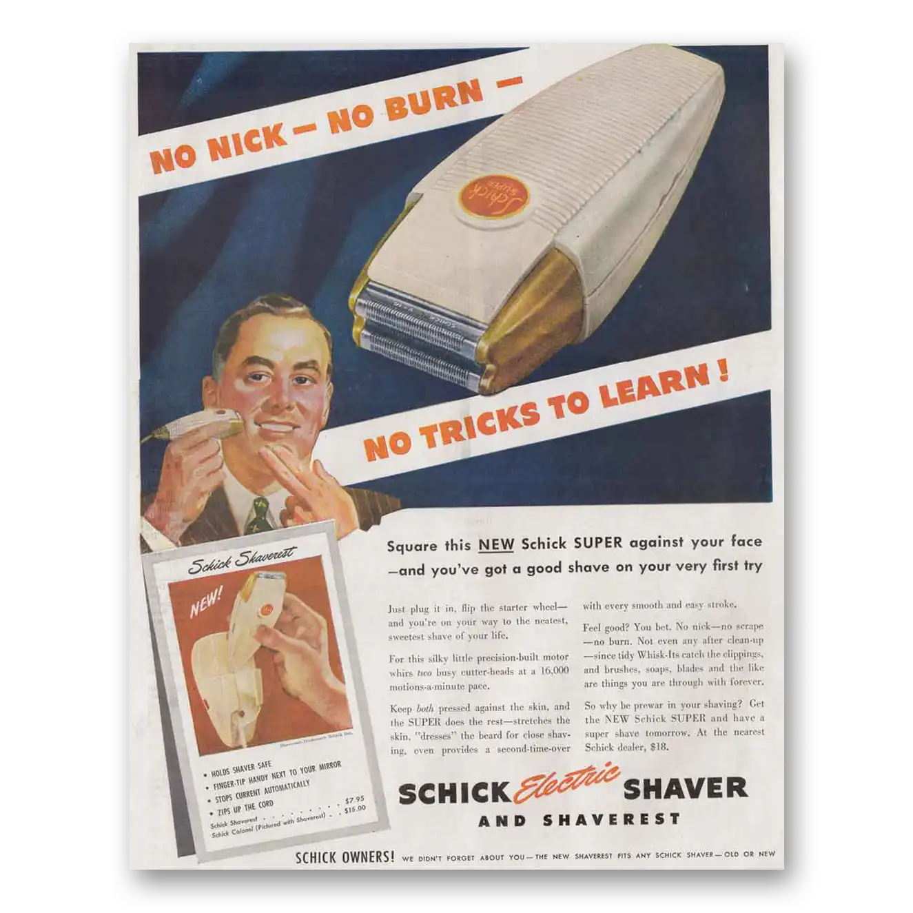 1946 Schick Shaver No Nick No Burn Staverest Vintage Magazine Print Ad