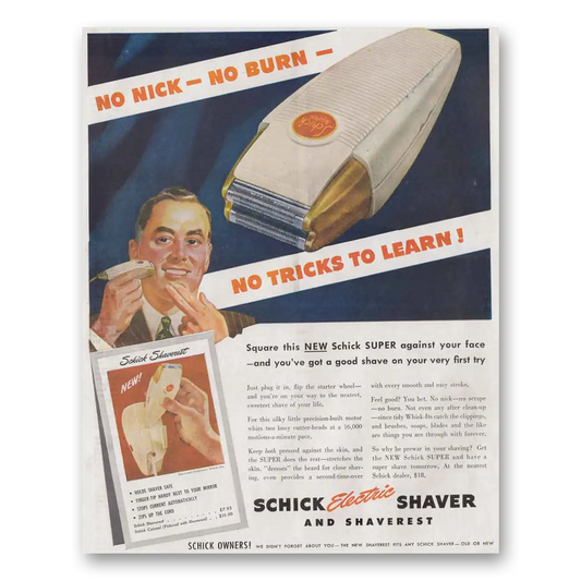 1946 Schick Shaver No Nick No Burn Staverest Vintage Magazine Print Ad