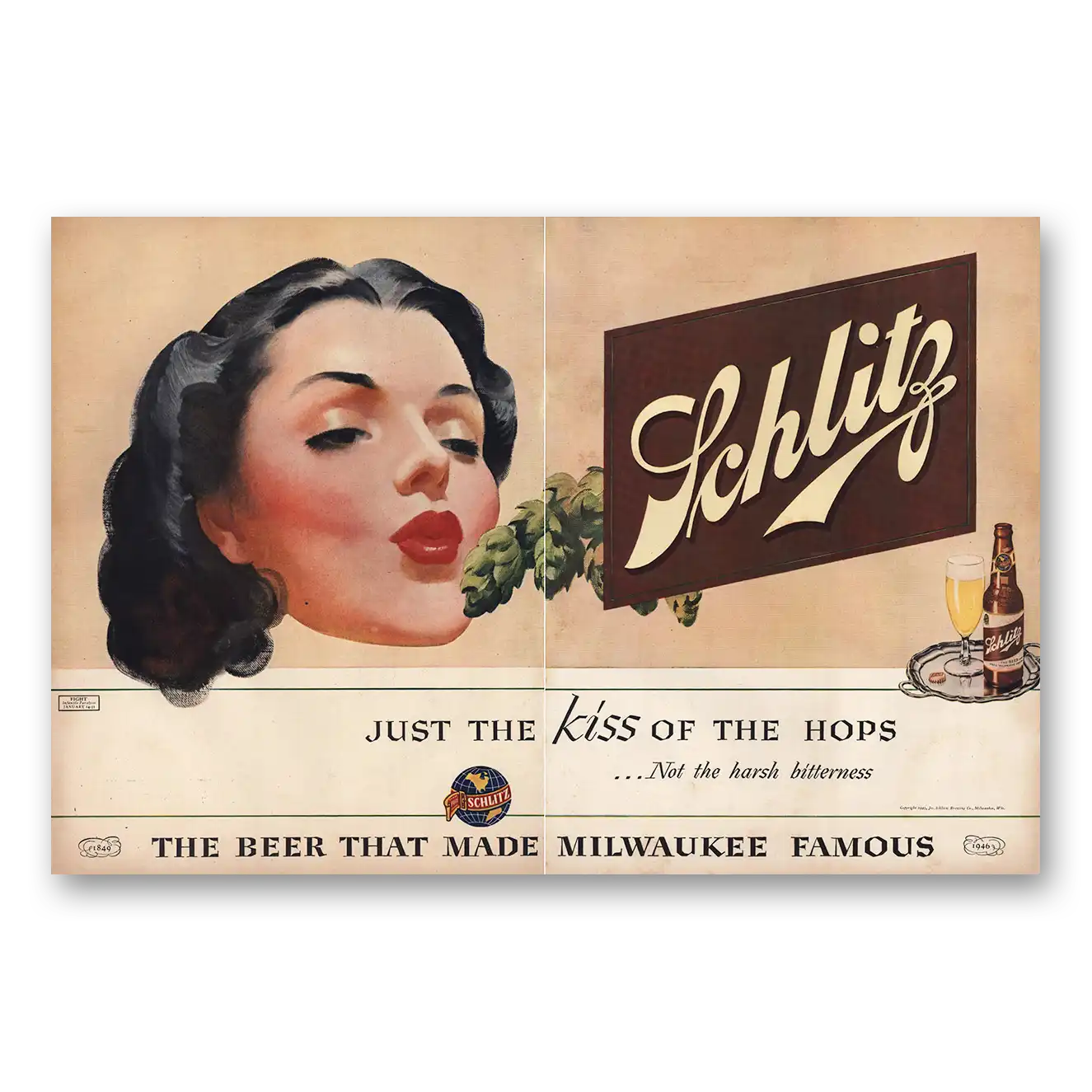 1946 Schlitz Beer Just the Kiss of the Hops Not Harsh Bitterness Vintage Magazine Print Ad