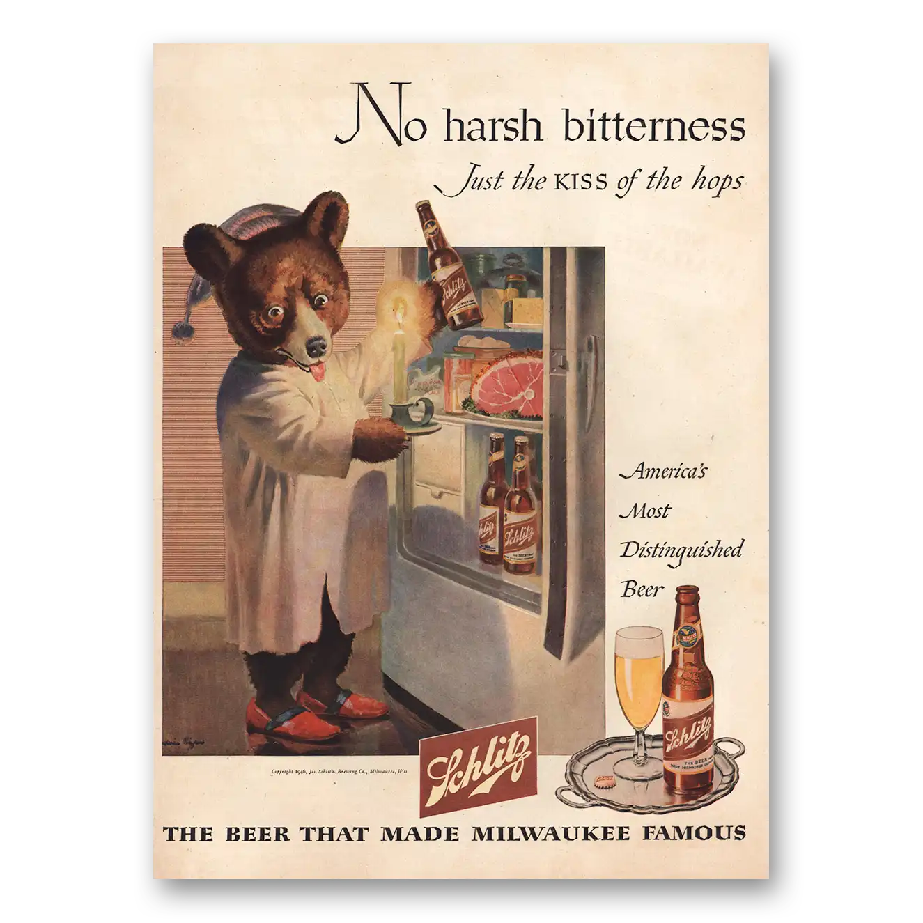 1946 Schlitz Beer No Harsh Bitterness Bear Vintage Magazine Print Ad