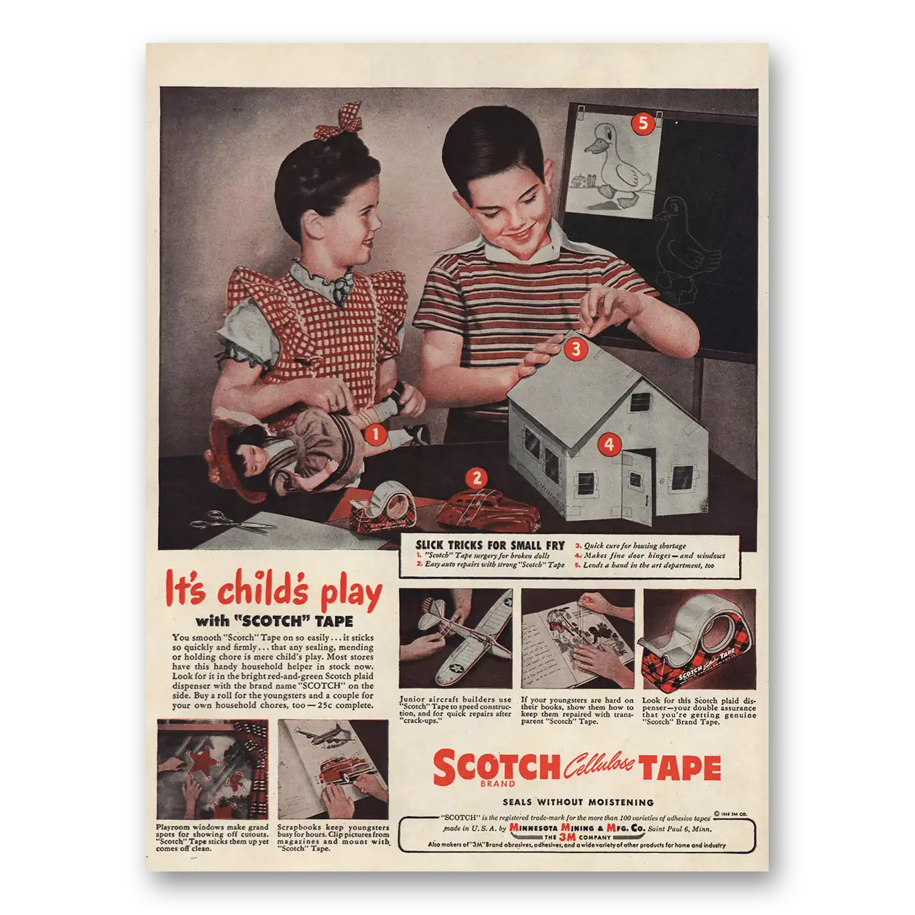 1946 Scotch Tape Slick Tricks for Small Fry Vintage Magazine Print Ad