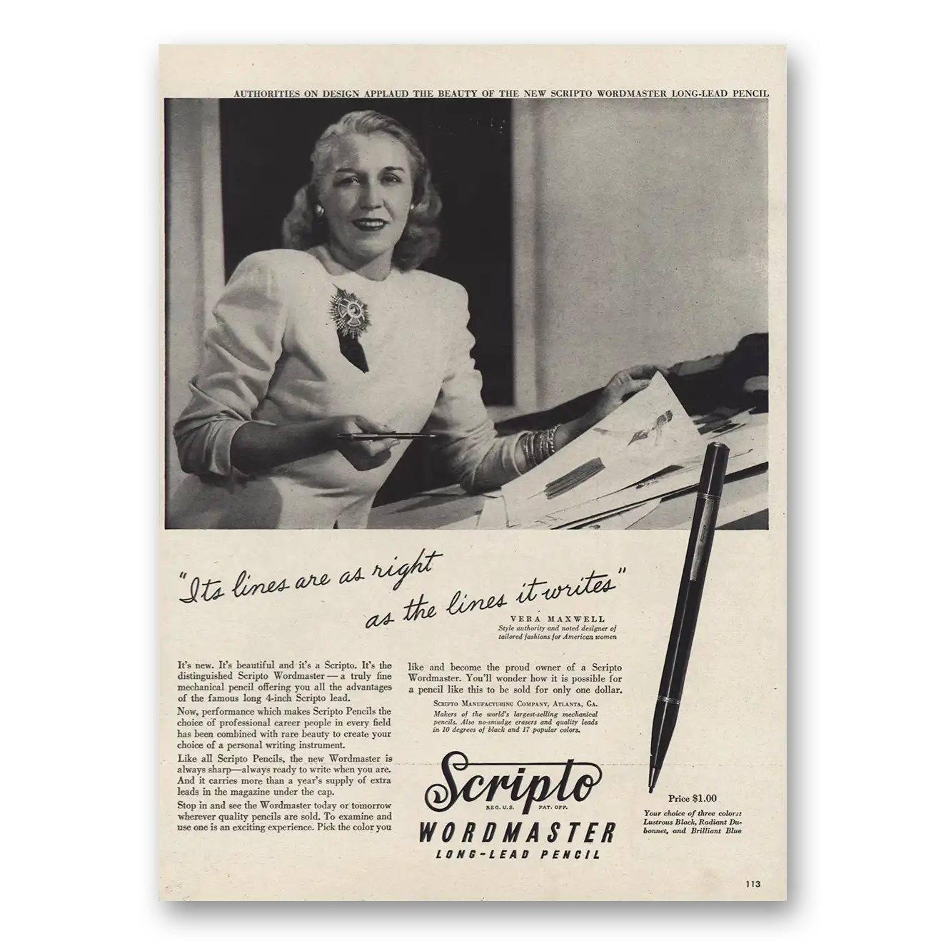 1946 Scripto Pencils Wordmaster Pencil Its Lines Are As Right Vintage Magazine Print Ad