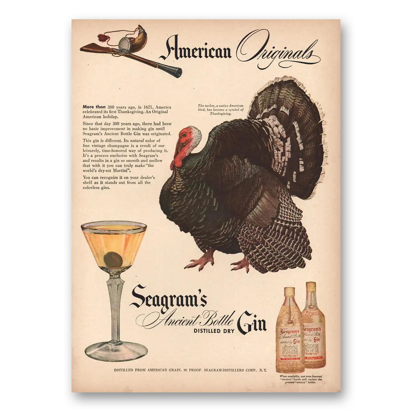 1946 Seagrams Ancient Bottle Gin American Originals Turkey Vintage Magazine Print Ad