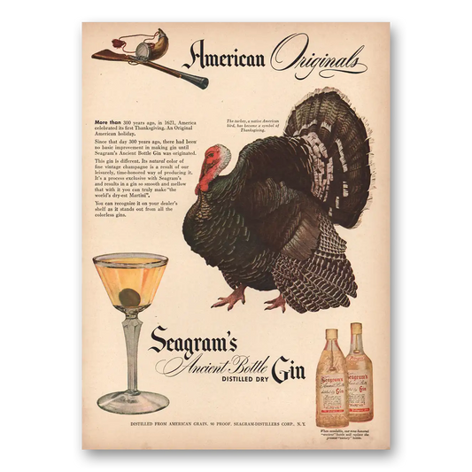 1946 Seagrams Ancient Bottle Gin American Originals Turkey Vintage Magazine Print Ad