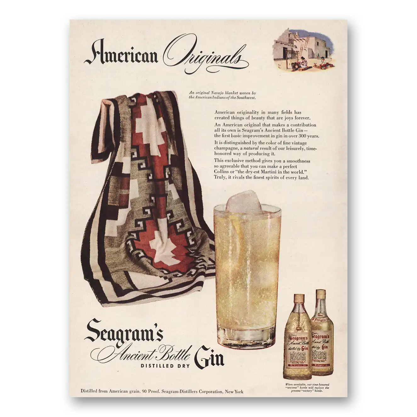 1946 Seagrams Ancient Bottle Gin Navajo Blanket Vintage Magazine Print Ad