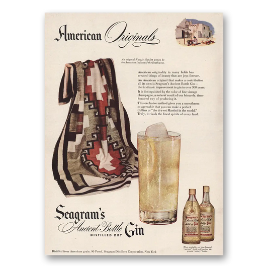 1946 Seagrams Ancient Bottle Gin Navajo Blanket Vintage Magazine Print Ad