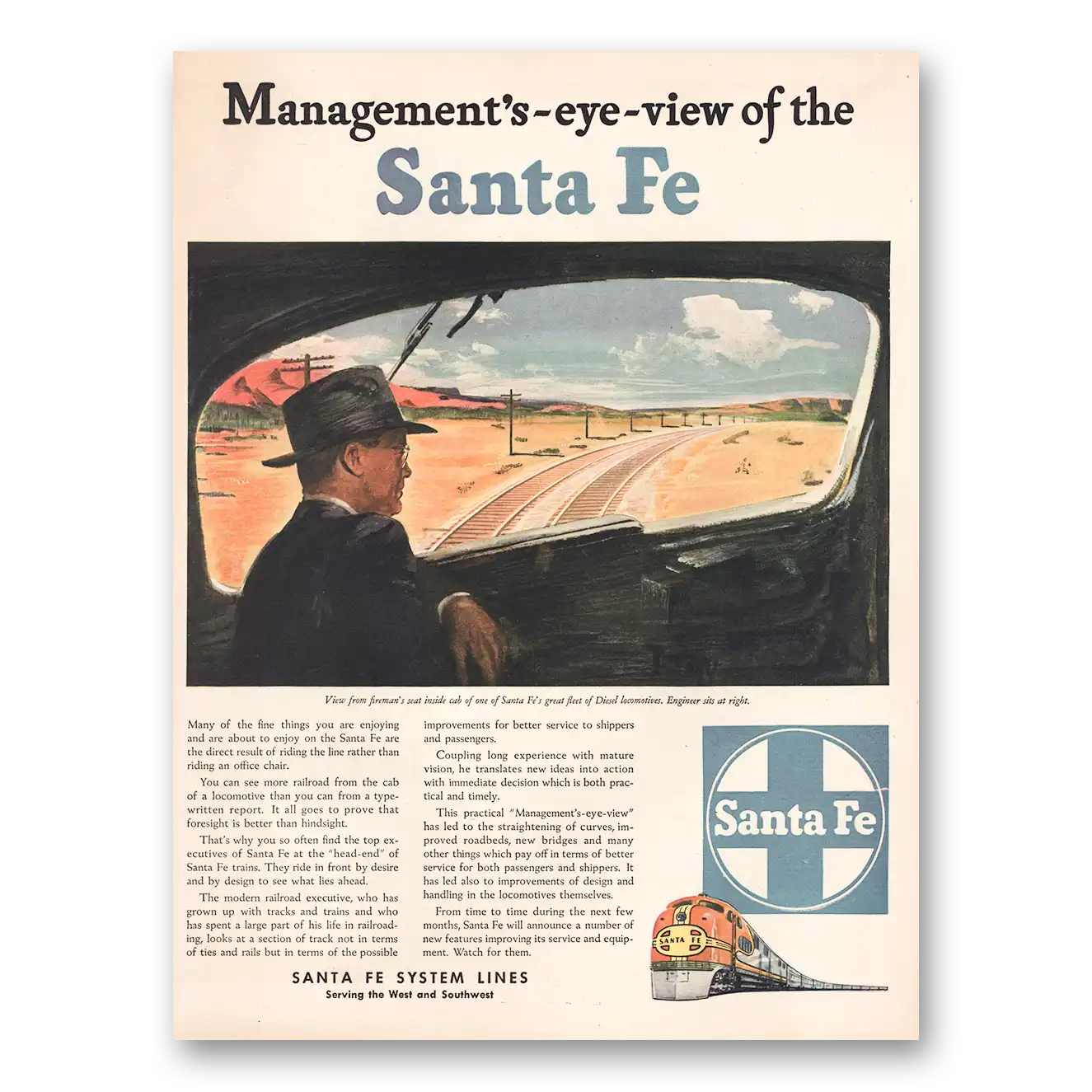 1946 Santa Fe Railway Lines Managements Eye View Vintage Magazine Print Ad