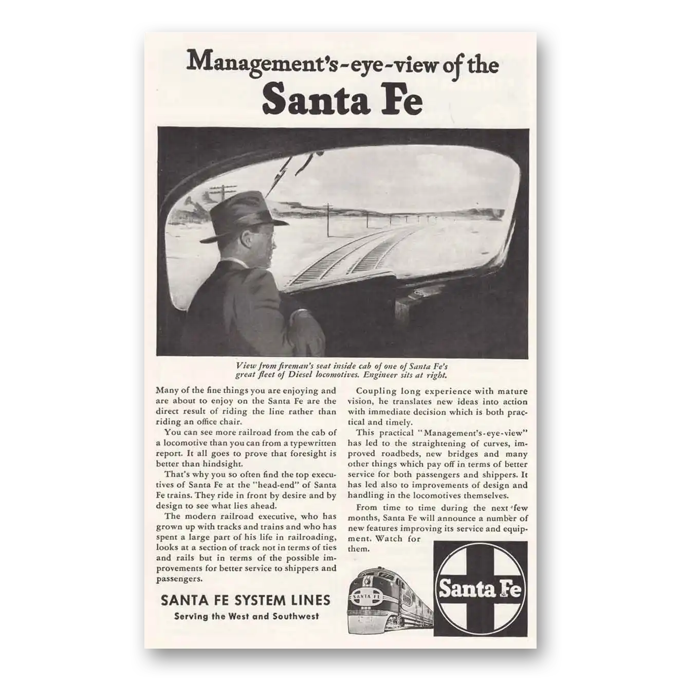 1946 Santa Fe Railway Managements Eye View Vintage Magazine Print Ad