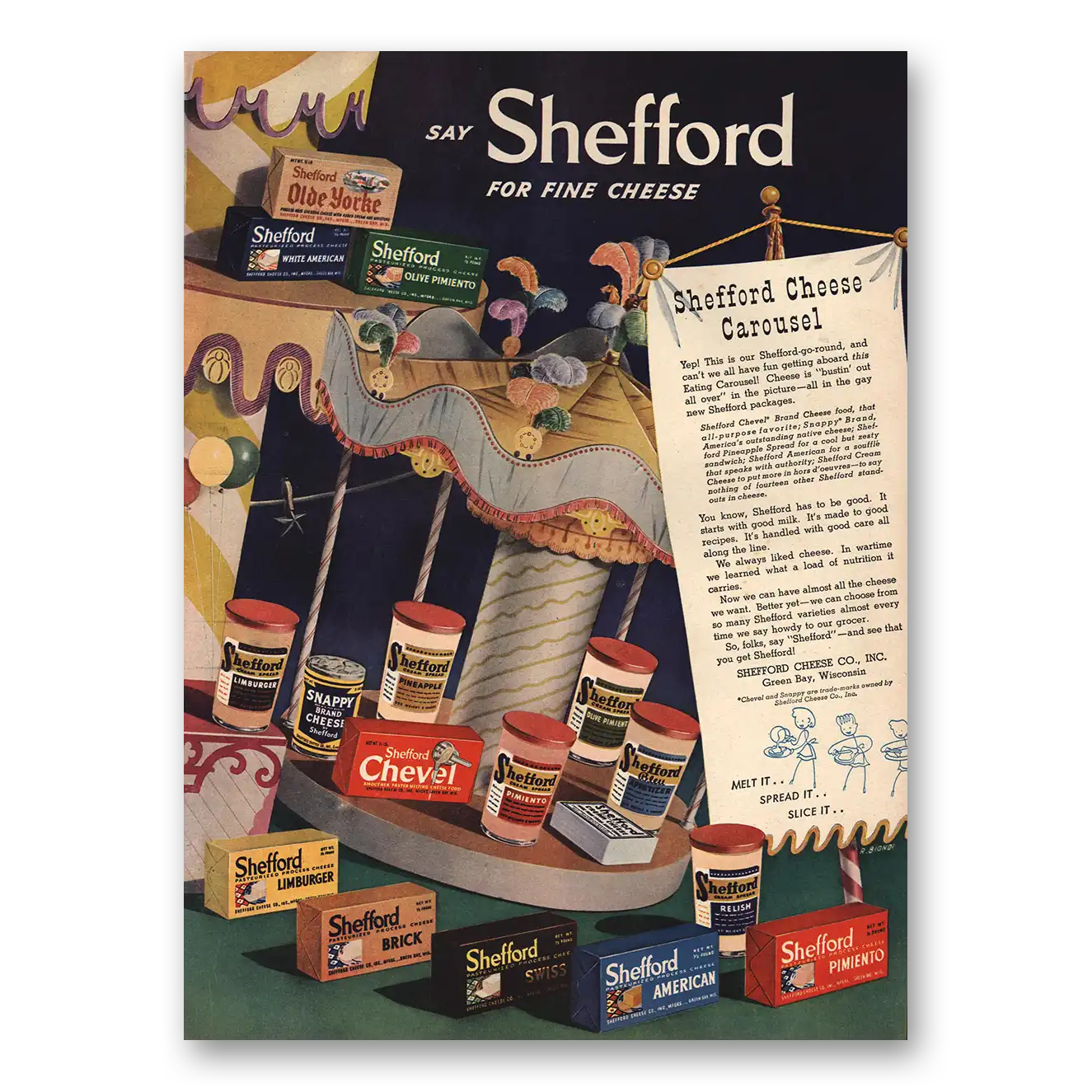 1946 Shefford Cheese Carousel Shefford Go Round Vintage Magazine Print Ad