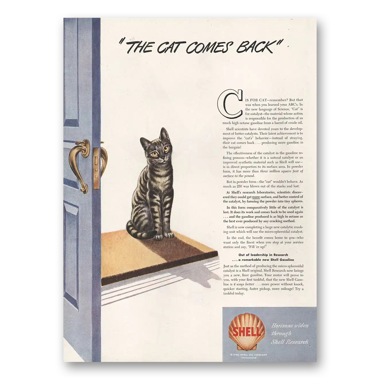 1946 Shell Research Cat Comes Back Vintage Magazine Print Ad