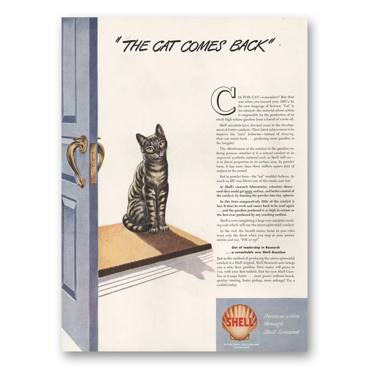 1946 Shell Research Cat Comes Back Vintage Magazine Print Ad