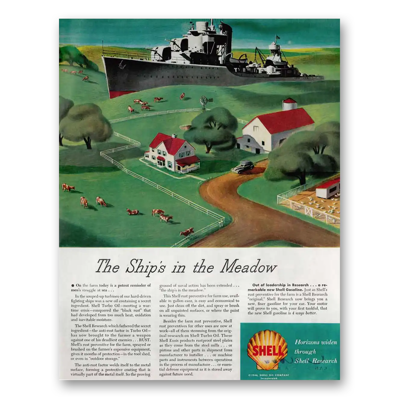 1946 Shell Research Ships in the Meadow Vintage Magazine Print Ad