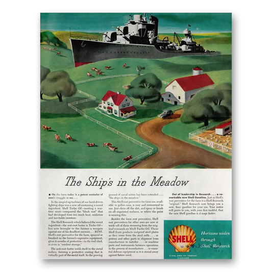 1946 Shell Research Ships in the Meadow Vintage Magazine Print Ad