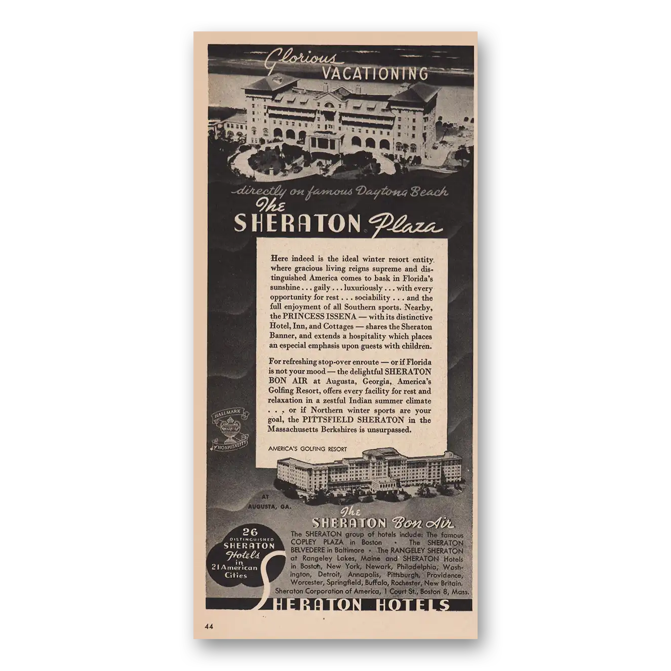 1946 Sheraton Hotels Glorious Vacationing Vintage Magazine Print Ad