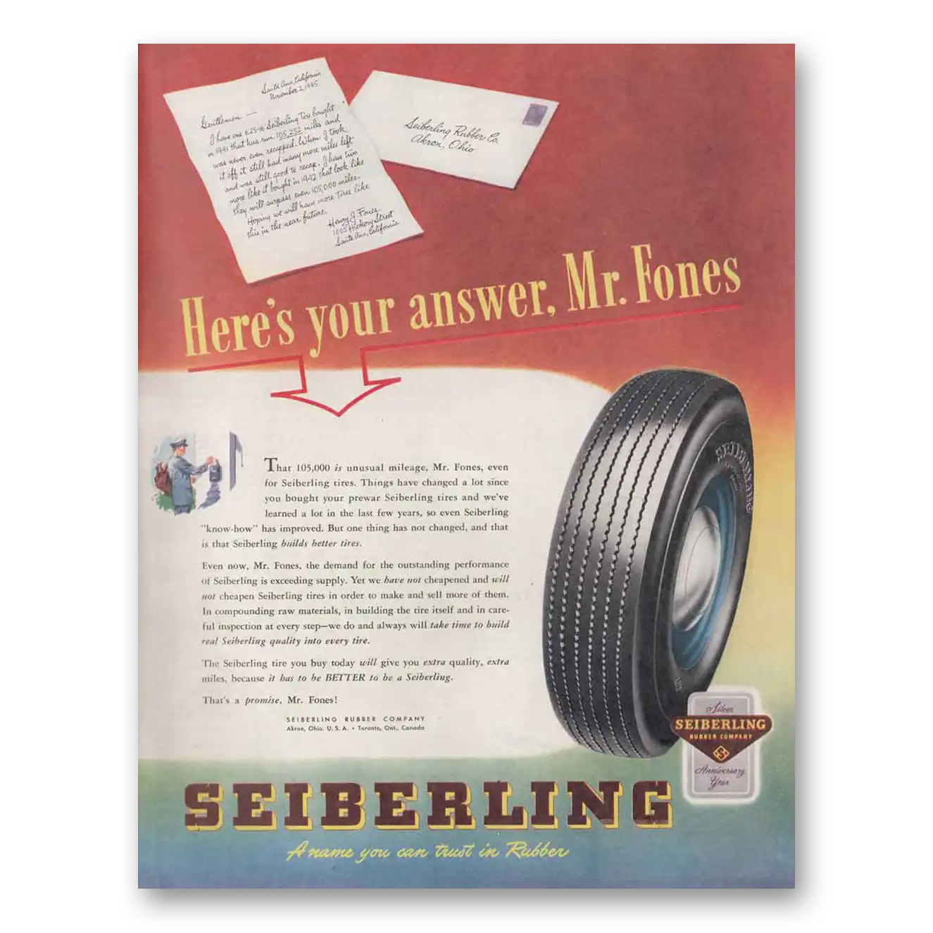 1946 Seiberling Tires Mr Fones Vintage Magazine Print Ad