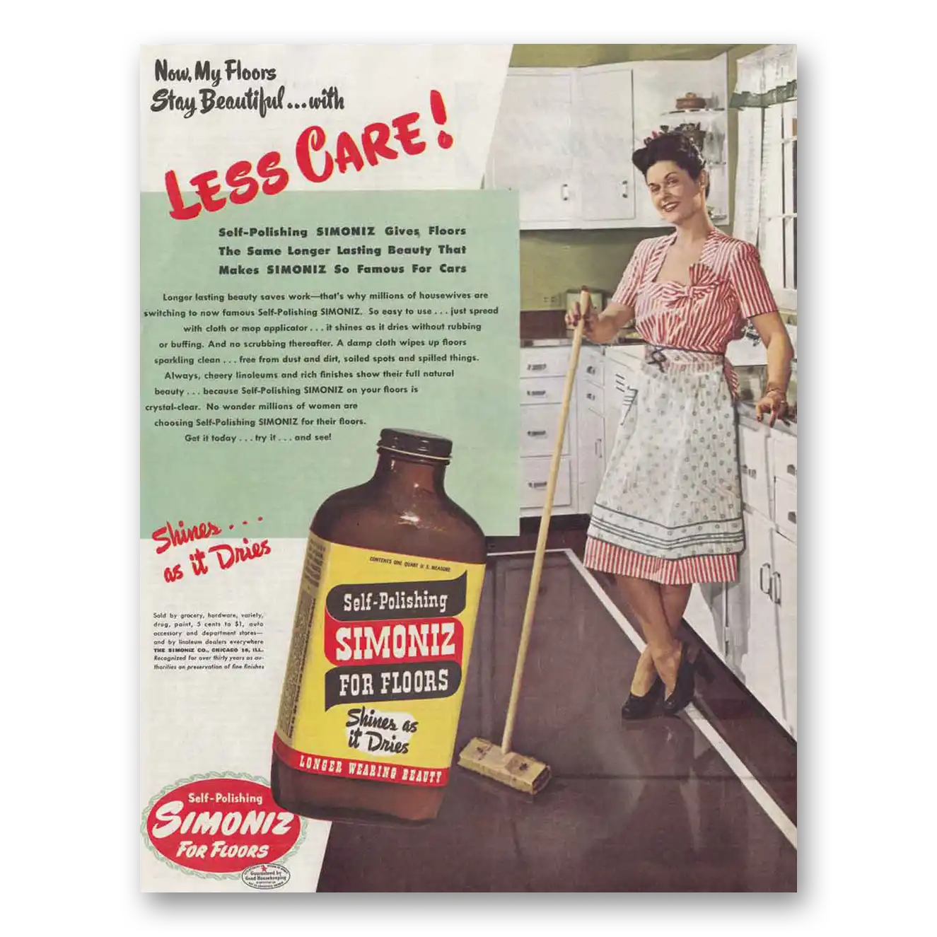 1946 Simoniz Floor Wax Less Care Vintage Magazine Print Ad