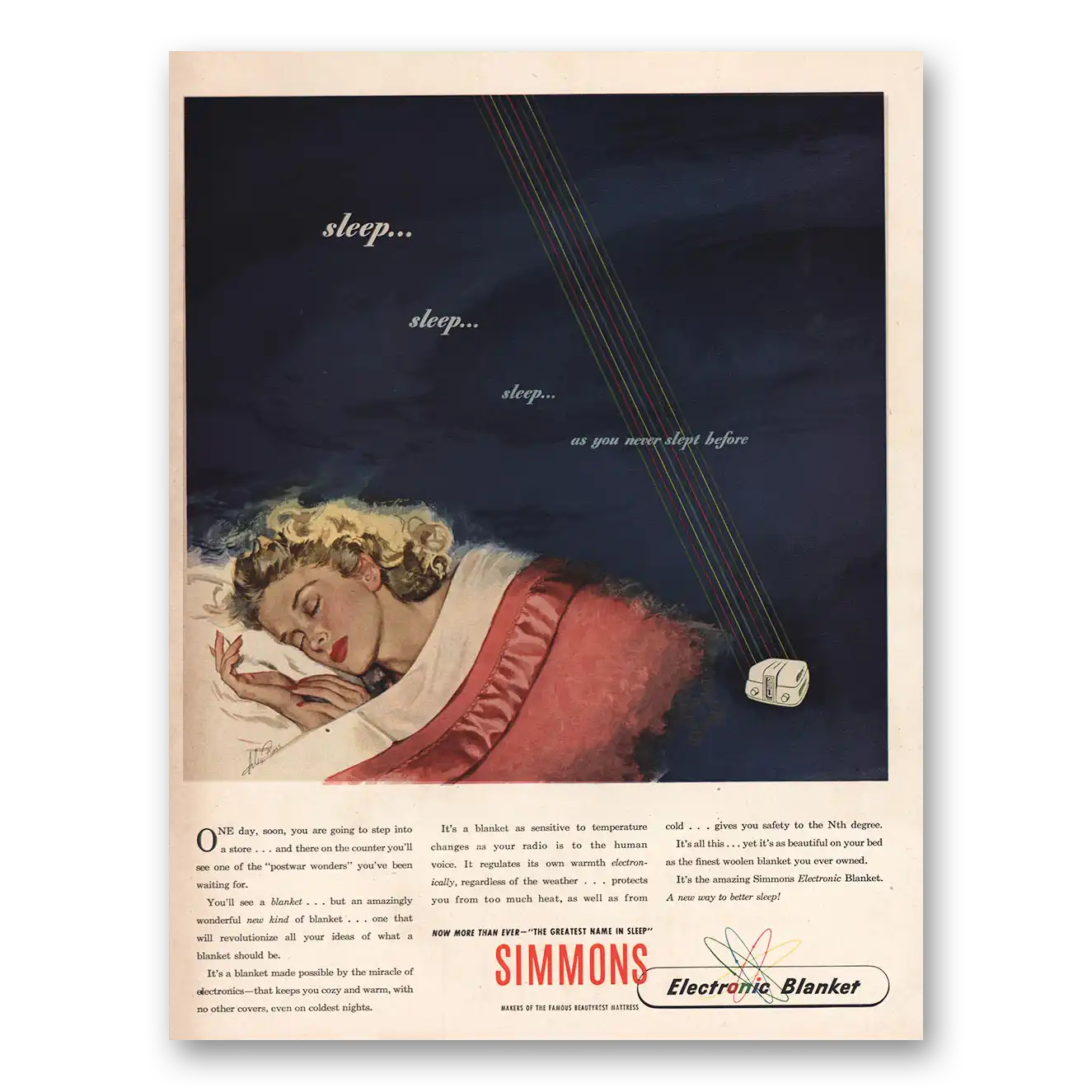 1946 Simmons Electronic Blanket Sleep As You Never Slept Before Vintage Magazine Print Ad