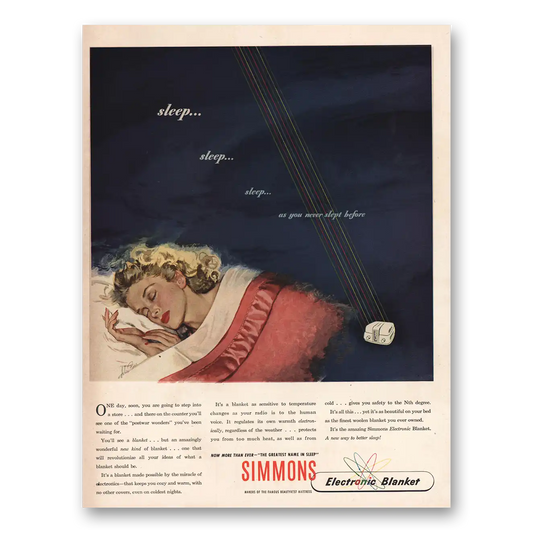 1946 Simmons Electronic Blanket Sleep As You Never Slept Before Vintage Magazine Print Ad