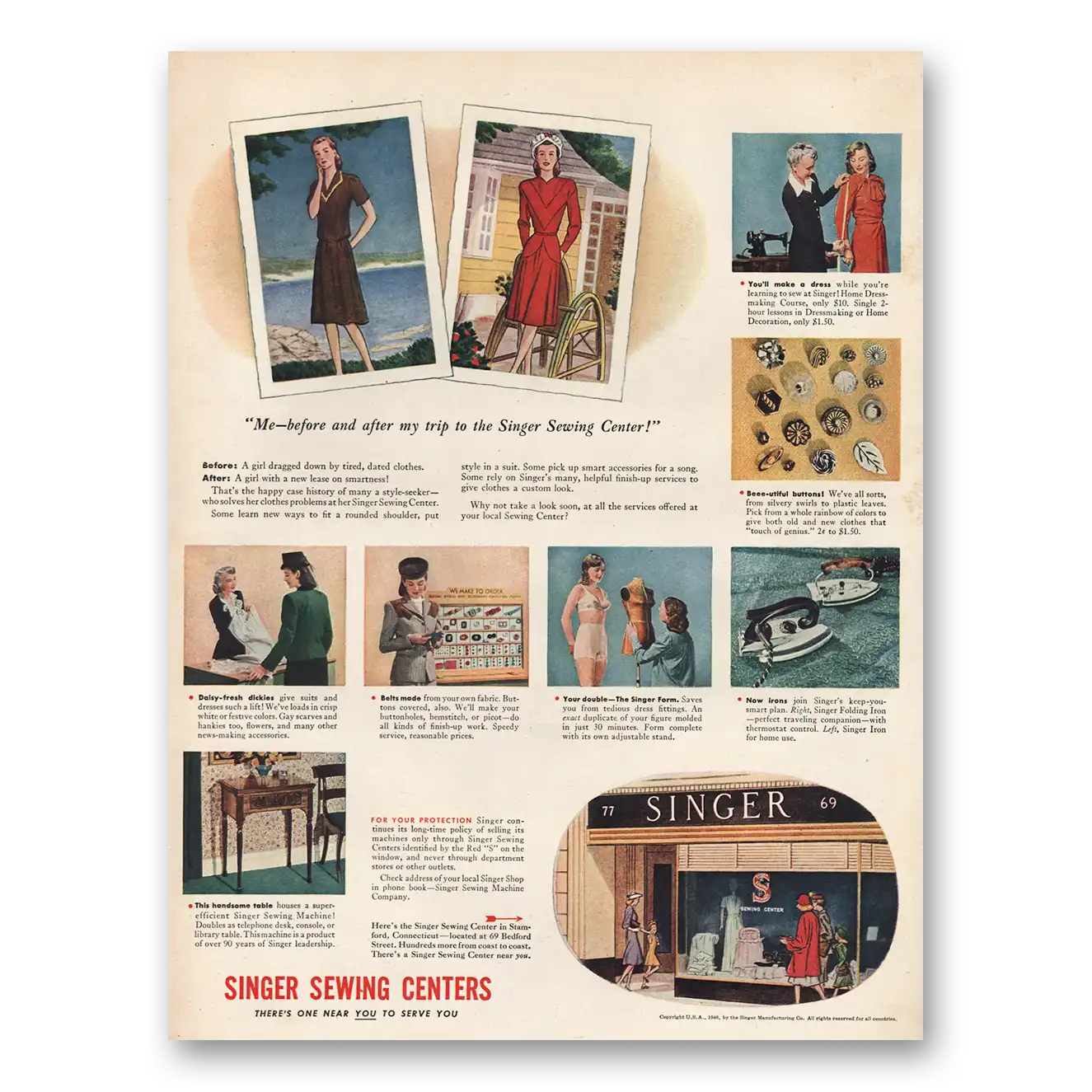 1946 Singer Sewing Centers Me Before and After My Trip Vintage Magazine Print Ad