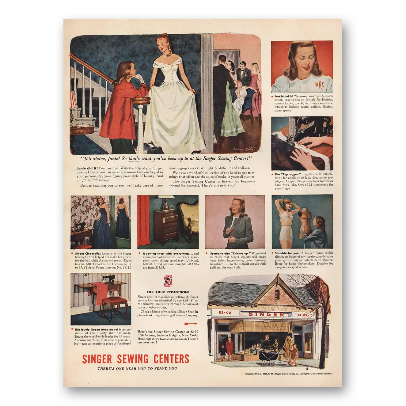 1946 Singer Sewing Centers Divine Janie Vintage Magazine Print Ad