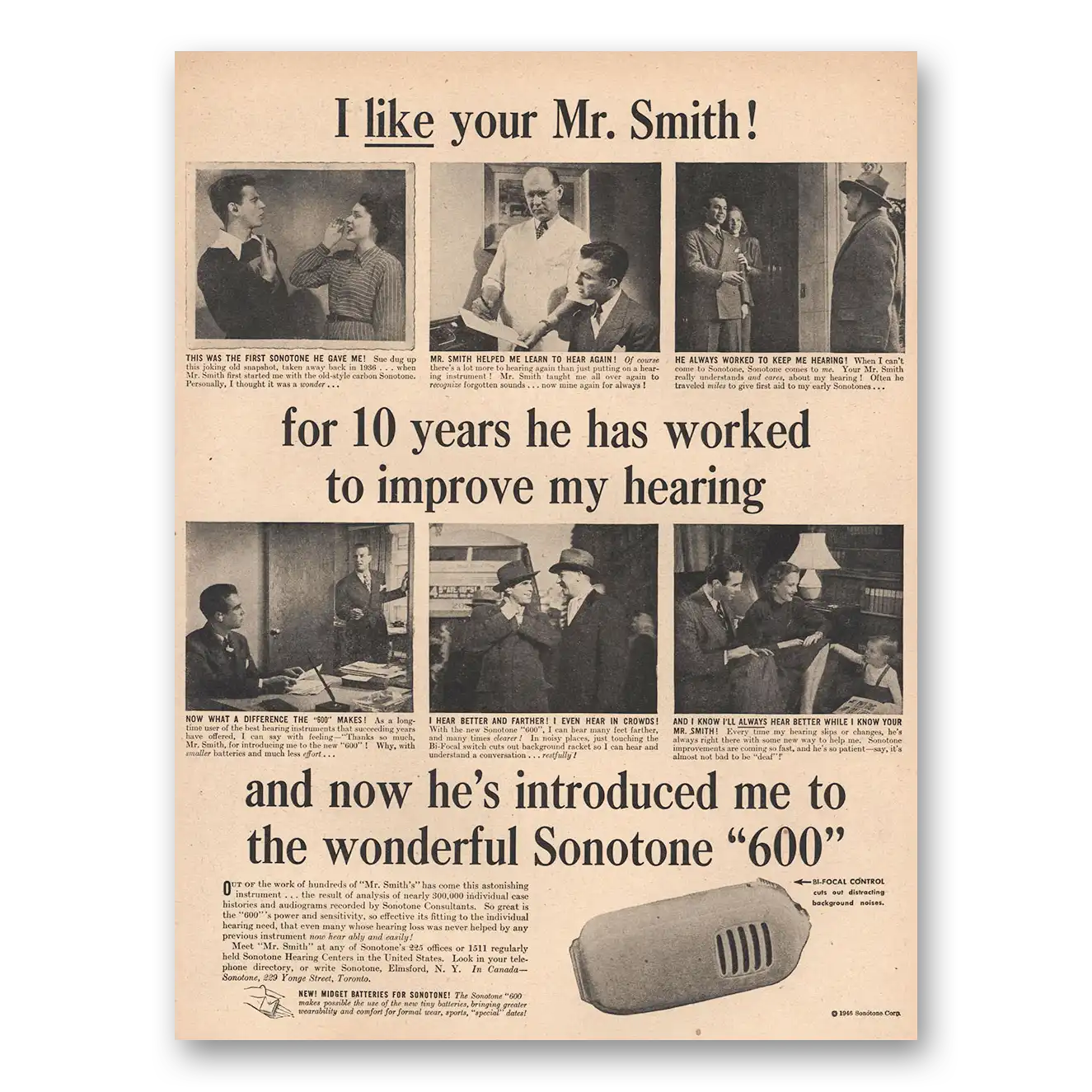 1946 Sonotone Hearing Aid I Like Your Mr Smith Vintage Magazine Print Ad