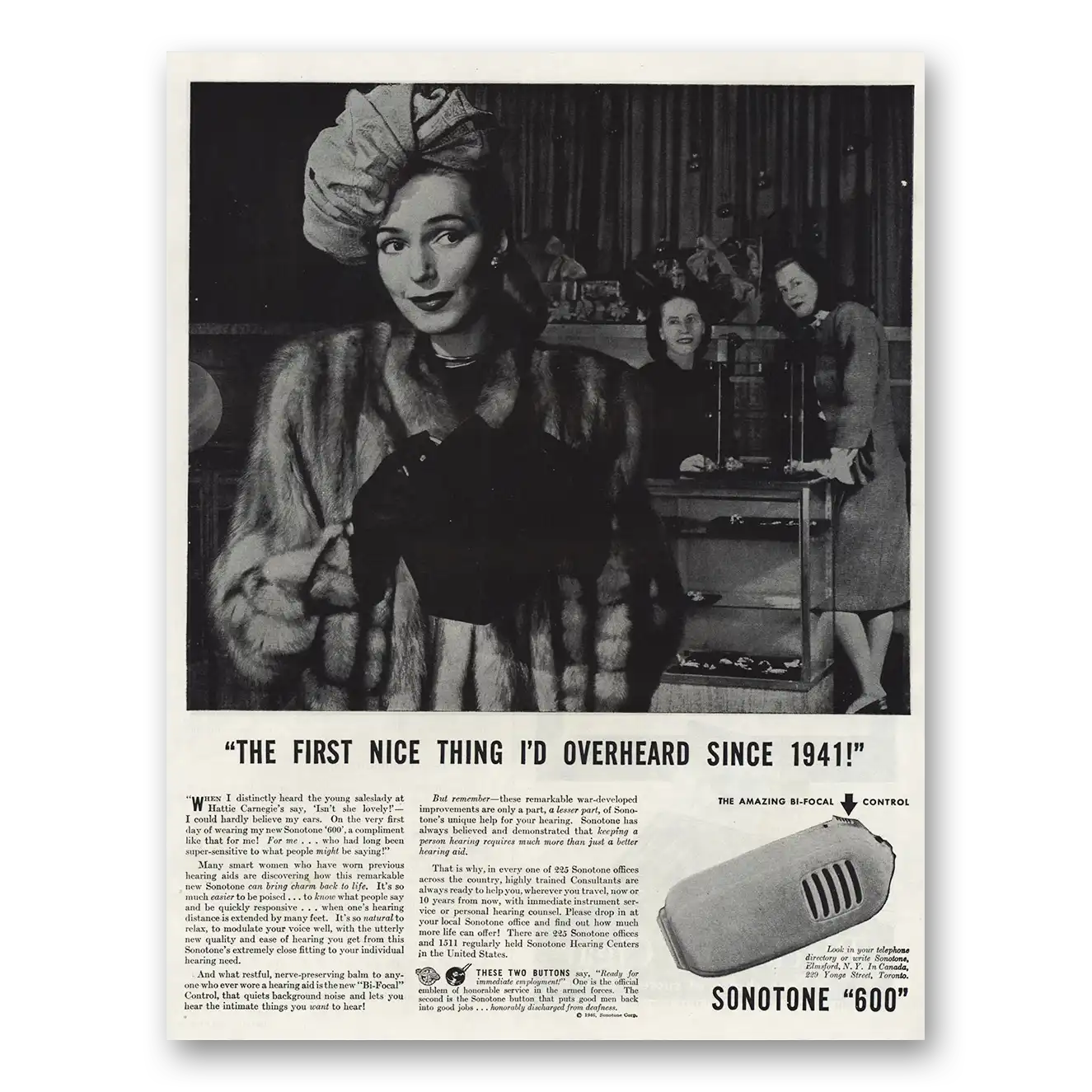 1946 Sonotone Hearing Aid First Nice Thing Overheard Vintage Magazine Print Ad