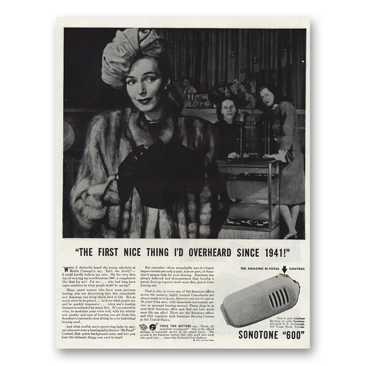 1946 Sonotone Hearing Aid First Nice Thing Overheard Vintage Magazine Print Ad