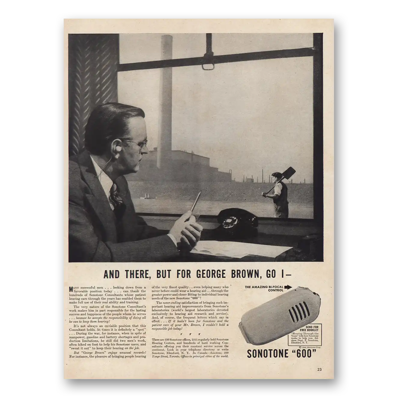 1946 Sonotone Hearing Aid And There But for George Brown Go I Vintage Magazine Print Ad